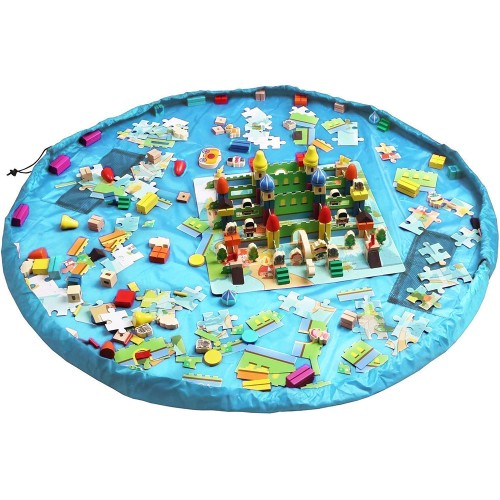 Covoras de joaca cu sac depozitare jucarii 2 în 1, albastru Covoras de joaca cu sac depozitare jucarii 2 în 1, albastru